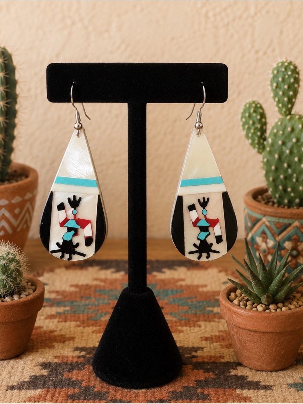Earrings Artisian Carved Shell Inlay Teardrop Turquoise Coral Mother-of-Pearl